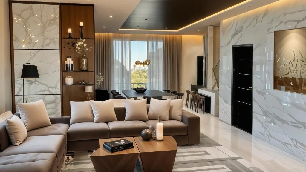 Premium 4BHK apartment living room with marble wall finishes