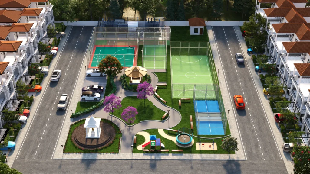 Aerial view of a luxury gated community with sports courts, clubhouse, central park and kids play area