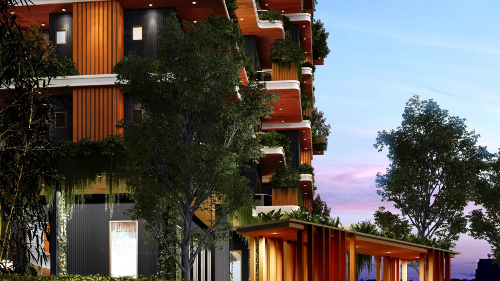 Premium residential apartment tower exterior with landscaped entrance at dusk